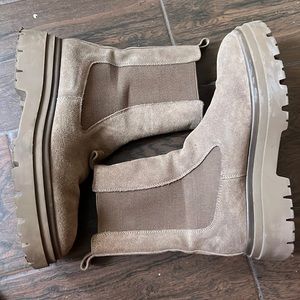 Zara Taupe Suede Chelsea Lug Ankle Boots